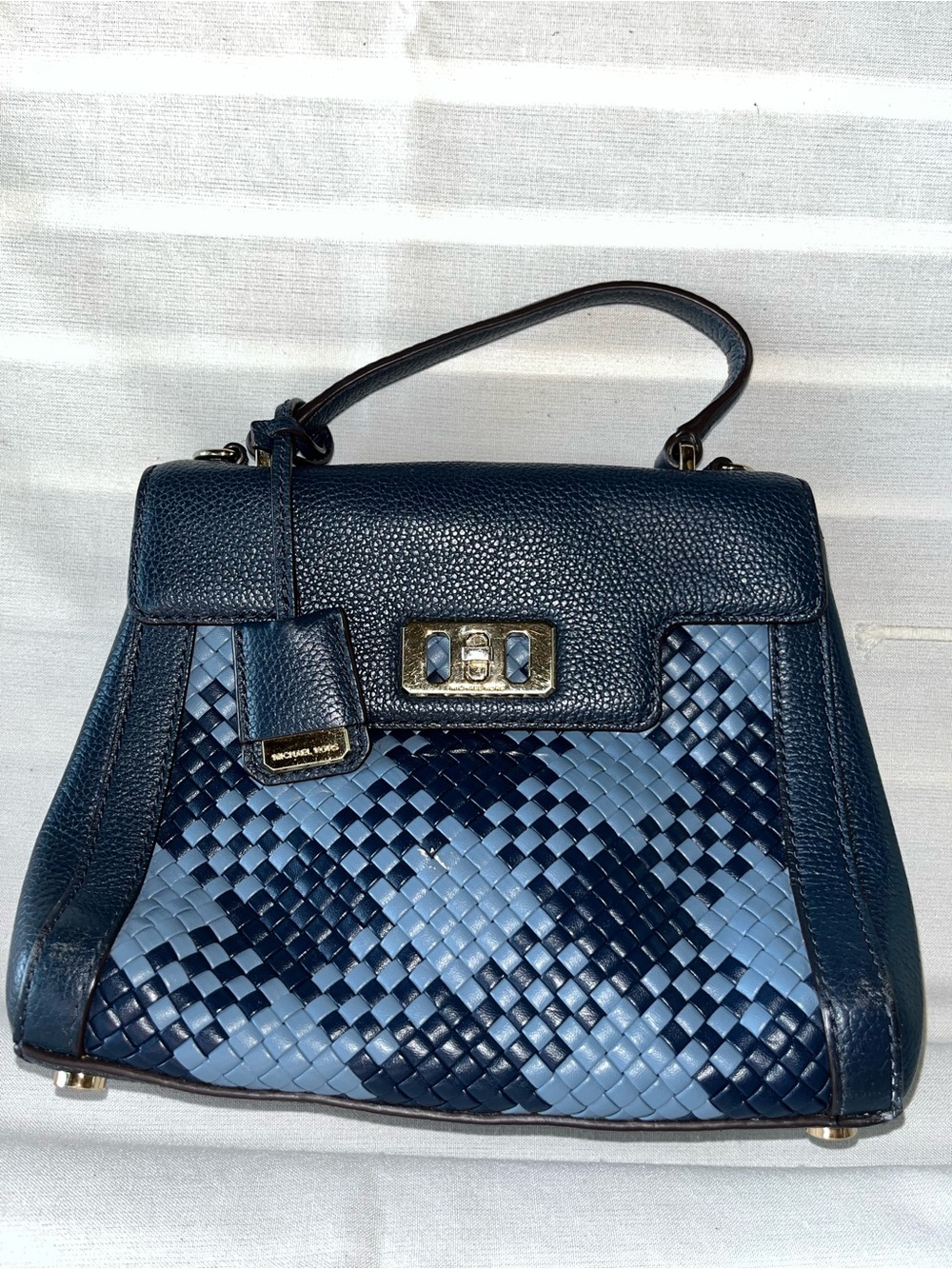 Michael Kors Navy and Light Blue Woven Leather Satchel